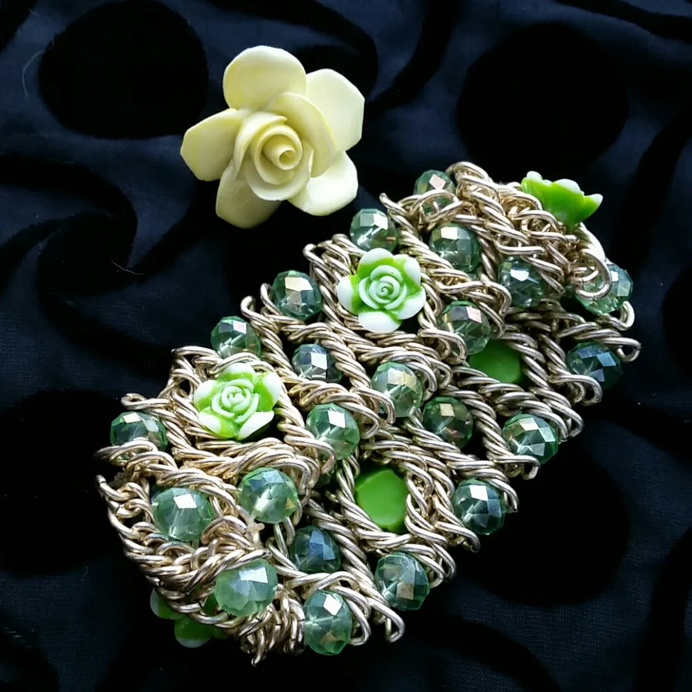 Green Rhinestones and Roses Stretch Boho Bracelet Goldtone